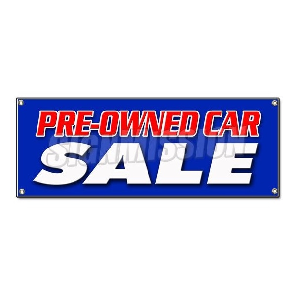 PRE-OWNED CAR SALE BANNER SIGN used auto automobile buy here we finance low mile